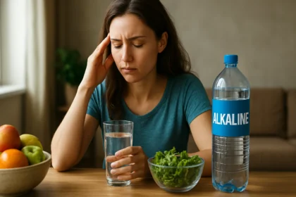 Žena sa zamyslene pozerá na pohár vody s alkalickým nápojom a zeleninou.