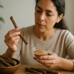 Žena skúma korene sladkého drievka a prášok pred sebou