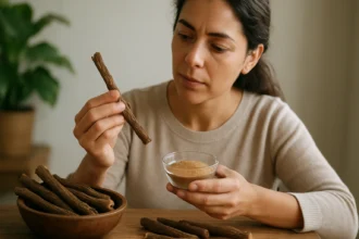 Žena skúma korene sladkého drievka a prášok pred sebou