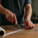 Osoba rezajúca prenosnú fóliu na drevenom stole.