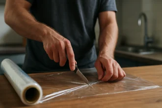Osoba rezajúca prenosnú fóliu na drevenom stole.