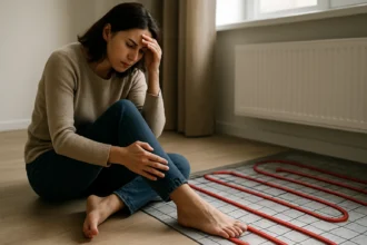 Žena s problémami v domácnosti pri podlahovom kúrení.