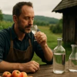 Muž vychutnáva pálenku pri tradičnej výrobe alkoholických nápojov.
