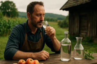 Muž vychutnáva pálenku pri tradičnej výrobe alkoholických nápojov.