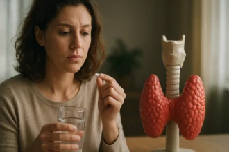 Žena rozbíja tabletku melatonínu pri modeli štítnej žľazy