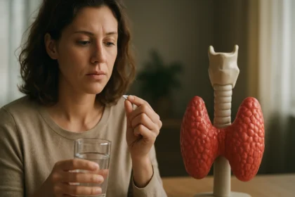 Žena rozbíja tabletku melatonínu pri modeli štítnej žľazy