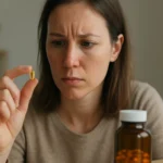 Žena skúma kapsulu vitamínu A s naliehavosťou a pozornosťou.