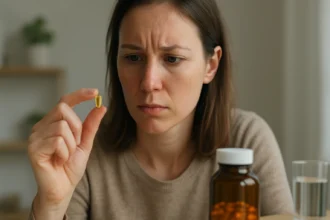 Žena skúma kapsulu vitamínu A s naliehavosťou a pozornosťou.