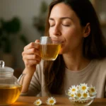 Žena si vychutnáva harmančekový čaj, upokojujúci nápoj pre zdravie.