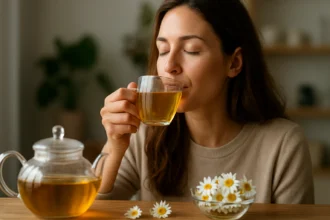 Žena si vychutnáva harmančekový čaj, upokojujúci nápoj pre zdravie.