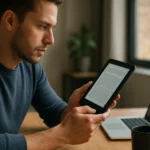 Muž číta na digitálnom e-papieri v modernej kancelárii.