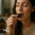 Žena vychutnáva si sušené slivky, zdroj zdravej chuti.