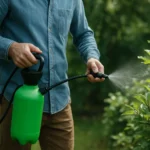 Muž používajúci ručný postrekovač na zavlažovanie rastlín v záhrade.