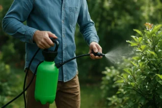 Muž používajúci ručný postrekovač na zavlažovanie rastlín v záhrade.