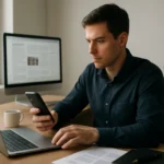 Muž pracujúci na počítači a smartfóne v kancelárii.