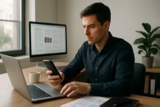 Muž pracujúci na počítači a smartfóne v kancelárii.