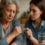 Žena podáva aspirín staršej žene, ktorá trpí bolesťou.