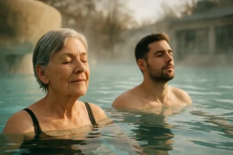 Starší žena a mladý muž relaxujú v termálnej vode Mira.
