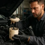 Mechanik pracuje na palivovom čerpadle automobilu.