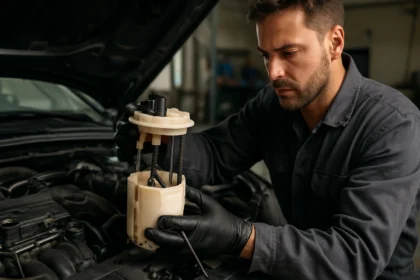 Mechanik pracuje na palivovom čerpadle automobilu.