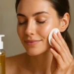 Žena nanášajúca tonikum z hamamelu na tvár