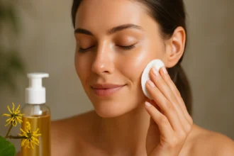 Žena nanášajúca tonikum z hamamelu na tvár