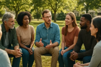 Skupina ľudí diskutuje o komunitnom živote v prírode.