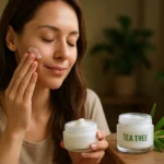 Žena aplikuje čajovníkový krém na pleť na zmiernenie akné.