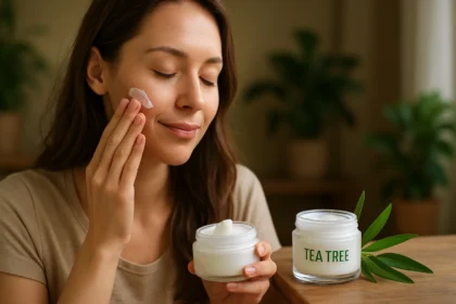 Žena aplikuje čajovníkový krém na pleť na zmiernenie akné.