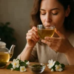 Žena vychutnávajúca čaj z jazmínových kvetov s kvetmi a čajníkom.