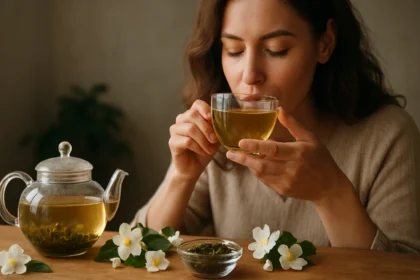 Žena vychutnávajúca čaj z jazmínových kvetov s kvetmi a čajníkom.