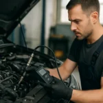 Mechanik kontroluje NOx senzor v motore moderného auta.