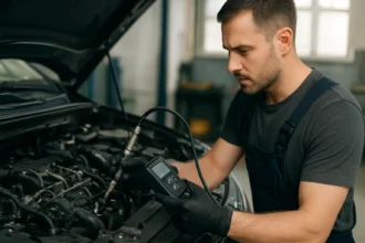 Mechanik kontroluje NOx senzor v motore moderného auta.