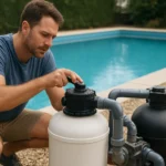 Muž nastavuje bazénový filter pre čistú vodu v bazéne