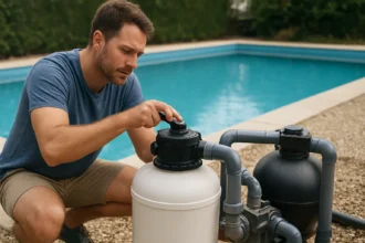 Muž nastavuje bazénový filter pre čistú vodu v bazéne