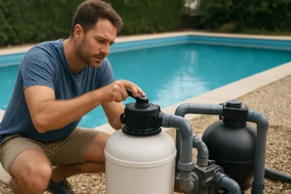Muž nastavuje bazénový filter pre čistú vodu v bazéne