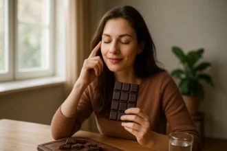 Žena si vychutnáva čokoládu, premýšľa o jej prínosoch pre mozog.