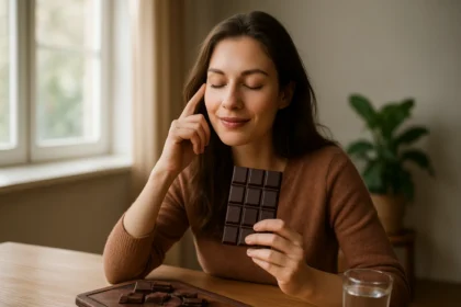 Žena si vychutnáva čokoládu, premýšľa o jej prínosoch pre mozog.