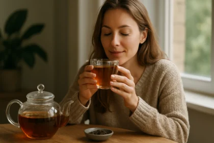 Žena si vychutnáva čaj pre zdravie a pohodu