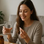 Žena s pohárom vody a tabletou, podporujúca zdravie močových ciest.