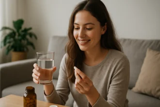Žena s pohárom vody a tabletou, podporujúca zdravie močových ciest.