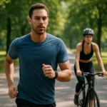 Muž behajúci v parku, žena na bicykli, zdravý životný štýl.