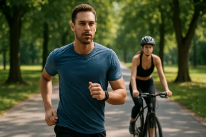 Muž behajúci v parku, žena na bicykli, zdravý životný štýl.