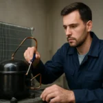 Oprava chladiaceho kompresora v technickej dielni.