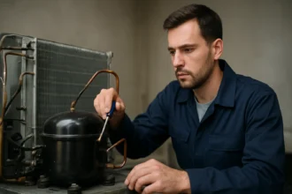 Oprava chladiaceho kompresora v technickej dielni.