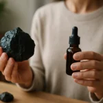 Žena drží kameň šungitu a kvapkovú fľaštičku s esenciálnym olejom.