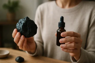 Žena drží kameň šungitu a kvapkovú fľaštičku s esenciálnym olejom.
