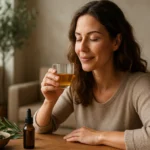 Žena vychutnávajúca si čaj z olivových listov pre zdravie