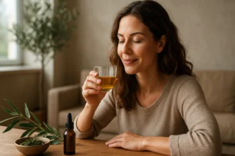 Žena vychutnávajúca si čaj z olivových listov pre zdravie