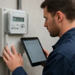 Muž kontroluje digitálny elektromer s tabletom v ruke